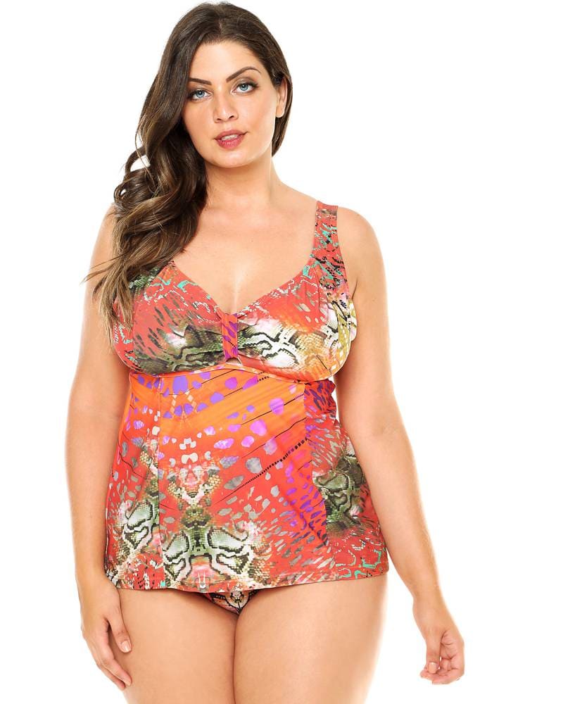 Front of a model wearing a size 20 Beach Tankini in Sunset by Lehona. | dia_product_style_image_id:267520